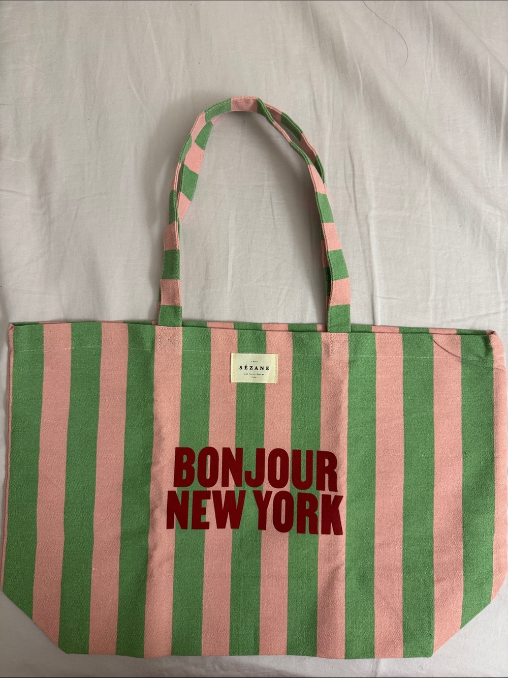 Sezane Striped Pink & Green Canvas Tote with Bold Text